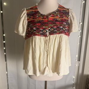 Bohemian Linen Cream Blouse with Colorful Embroidery XL